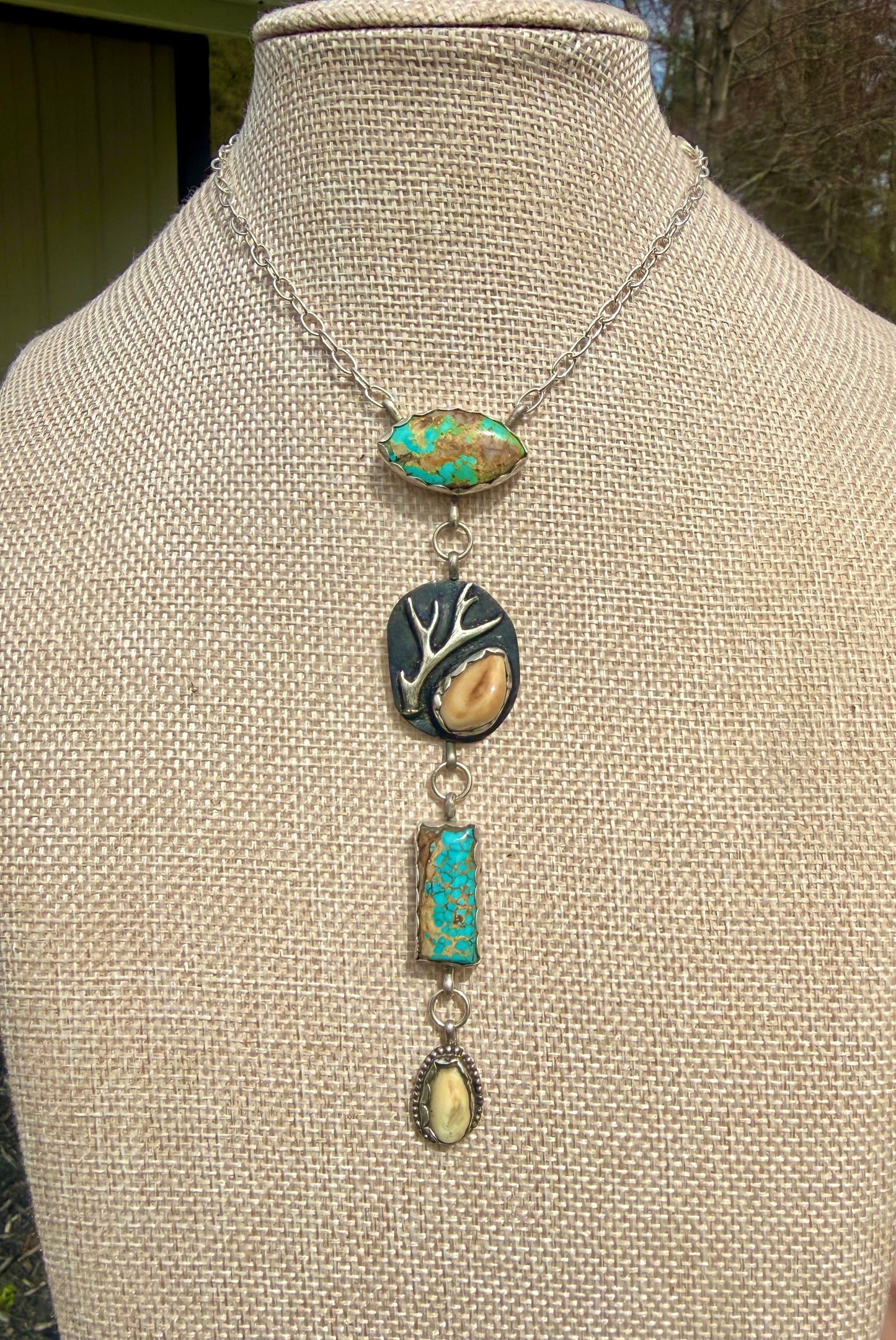 Elk ivory, Royston turquoise, and sterling silver drop necklace