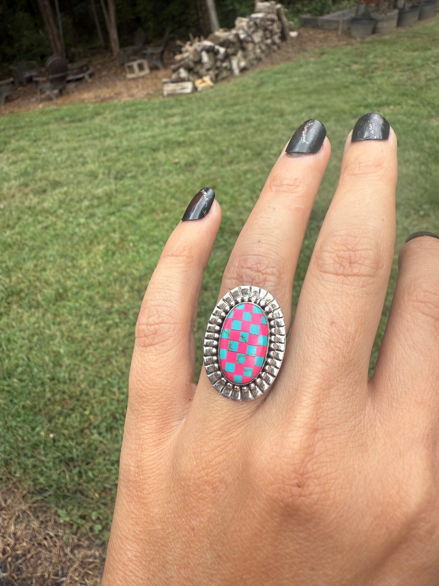 Turquoise and pink opal checkered ring