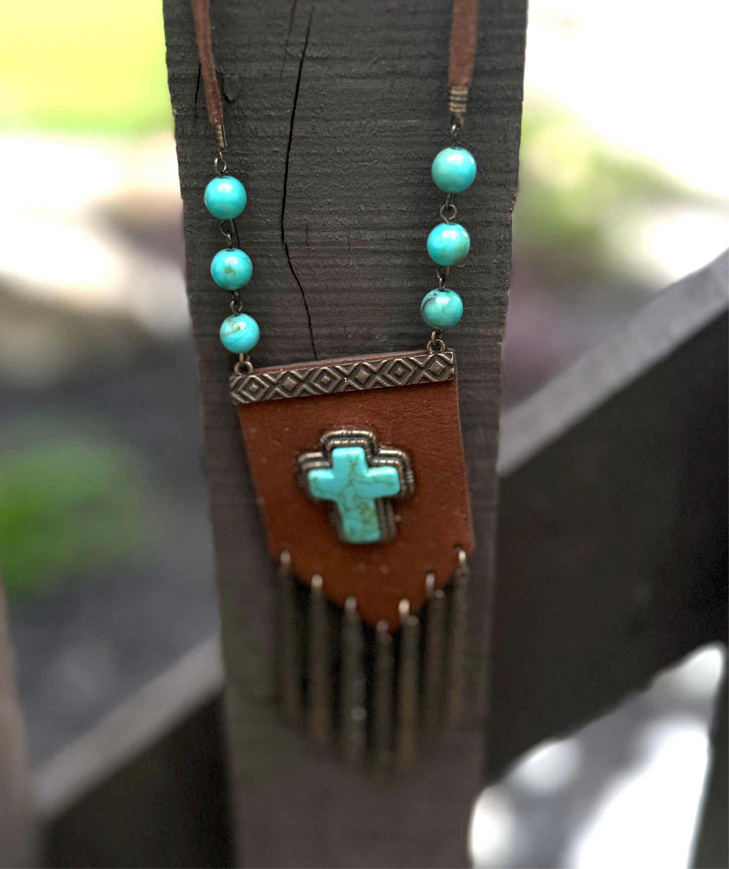 Leather and faux turq necklace