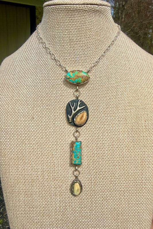 Elk ivory, Royston turquoise, and sterling silver drop necklace