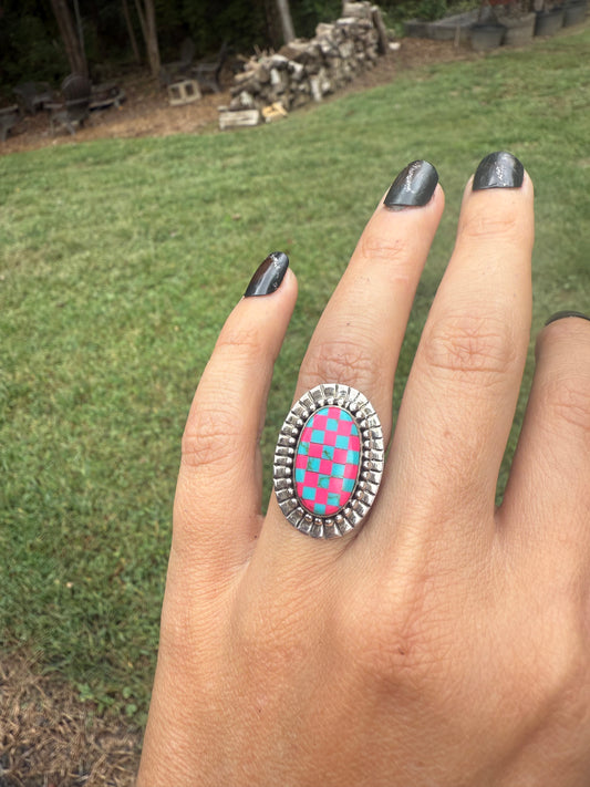 Turquoise and pink opal checkered ring