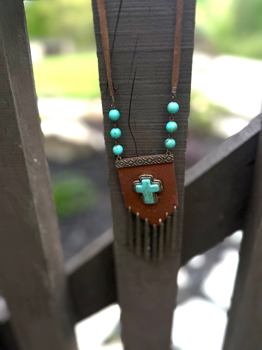 Leather and faux turq necklace