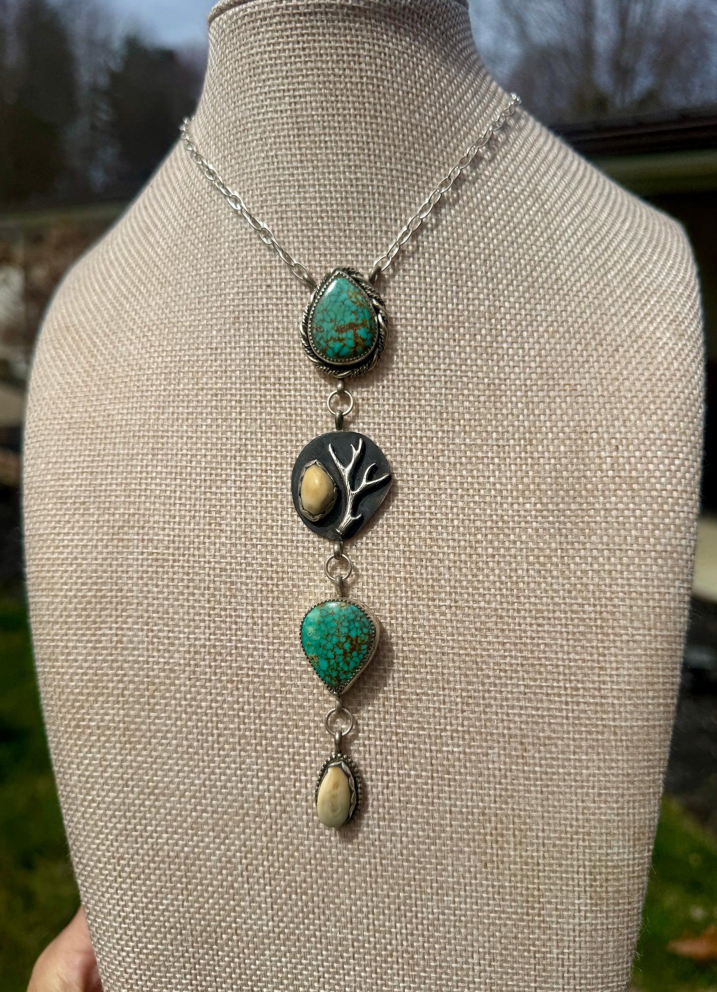 Elk ivory, mine #8 turquoise, and sterling silver drop necklace