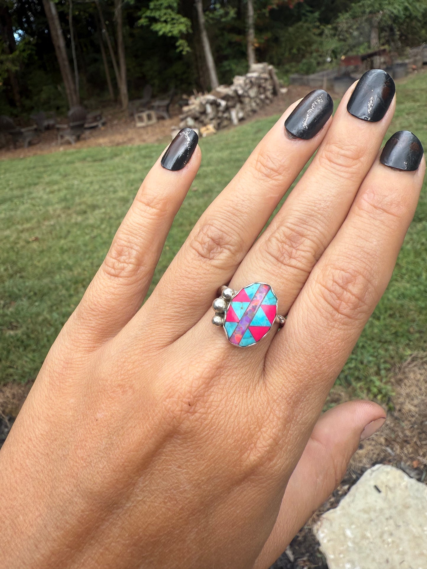 Pink and turquoise ring