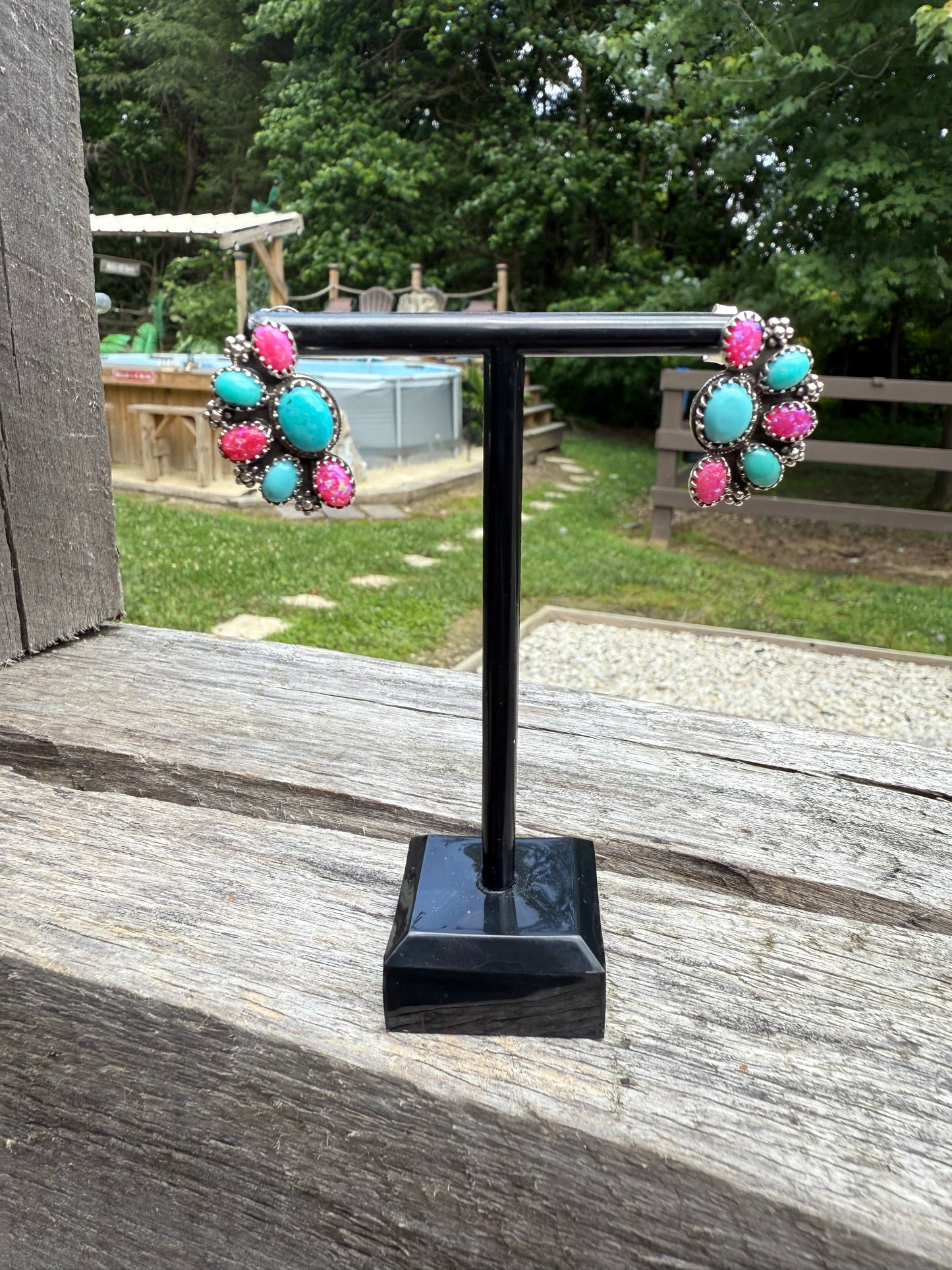 Studs- turq & pink opal