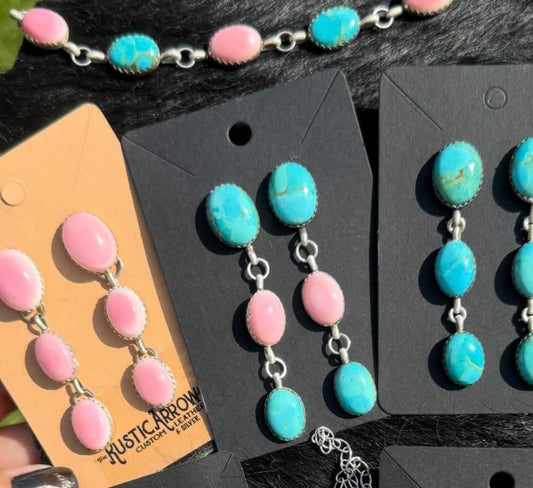 3 stone earrings (turq&pink) made to order