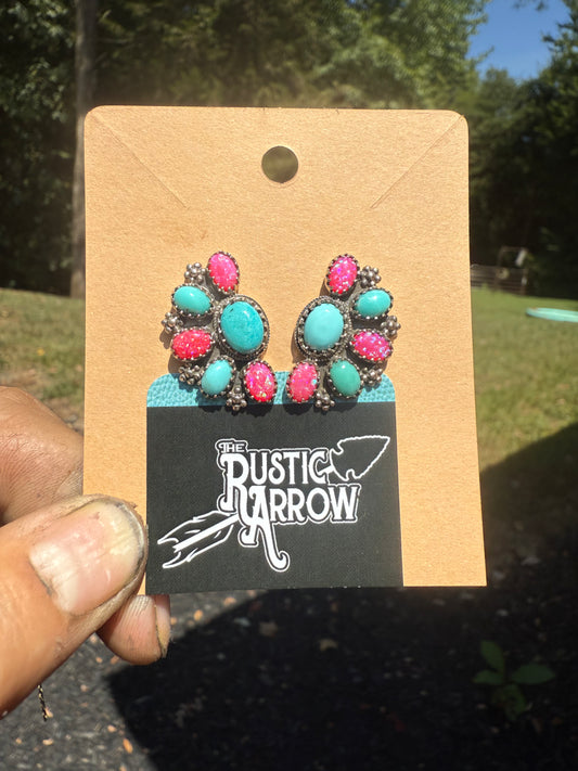 Studs- turq & pink opal